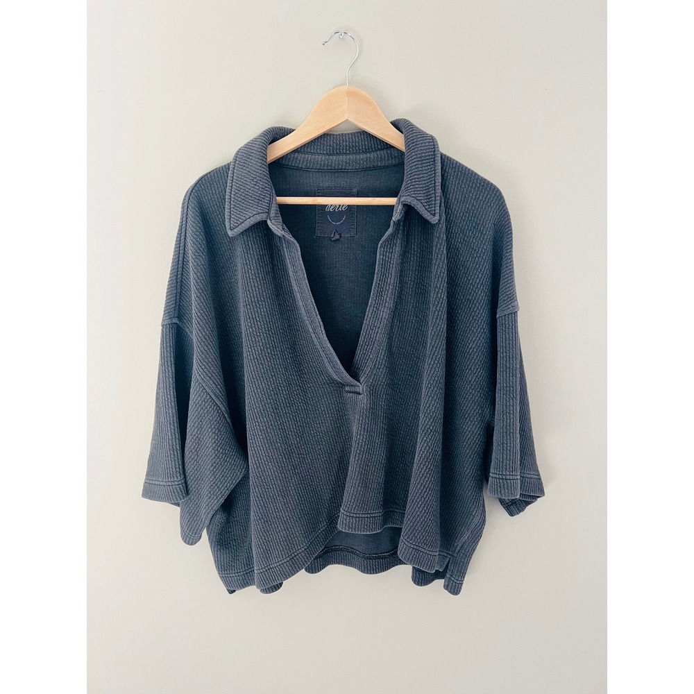 Aerie Waffle Knit Polo Sweatshirt Charcoal Gray Oversized V-Neck Pullover 02312